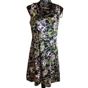 Floral Sleeveless Dress Gray Purple Green Roses Print Fit & Flare